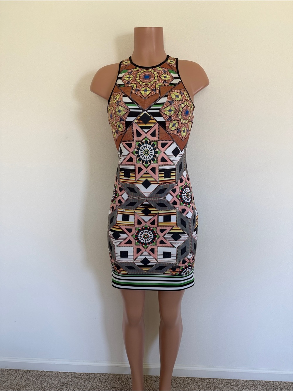 Clover Canyon Geometric Knit Mini Dress in Pink, Tan, Black and Green